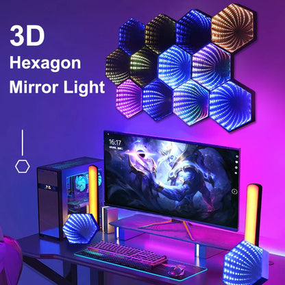 Illuminated rgb 3d hexagonal mirror tunnel light panels with sleek modern design as a desktop ambient lamp