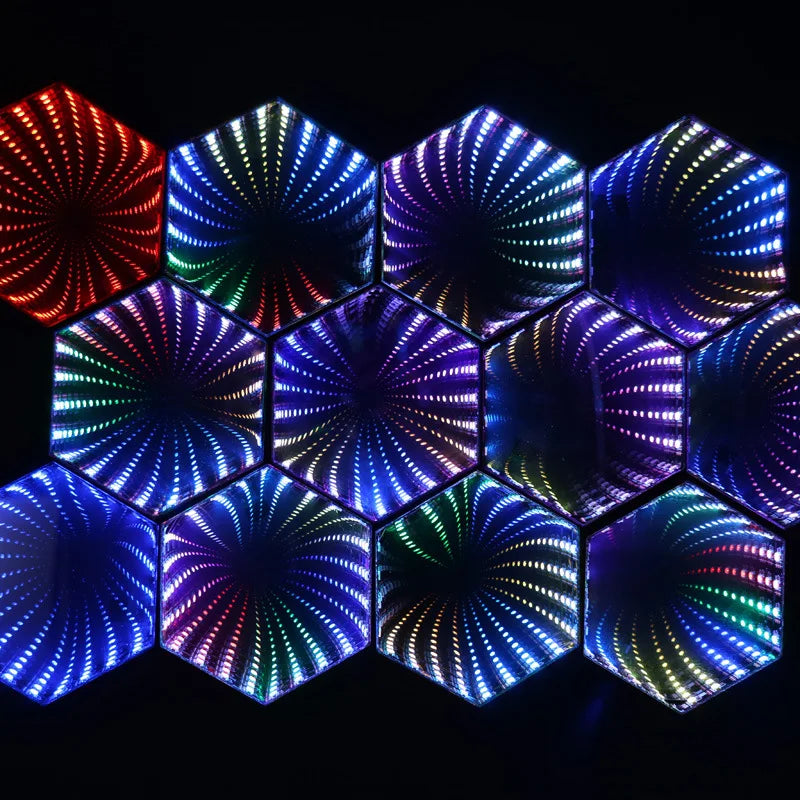 Rgb 3d hexagonal led desktop ambient lamp with vibrant swirling color patterns and hexagonal mirror tunnel design