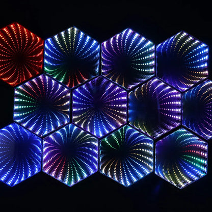 Rgb 3d hexagonal led desktop ambient lamp with vibrant swirling color patterns and hexagonal mirror tunnel design