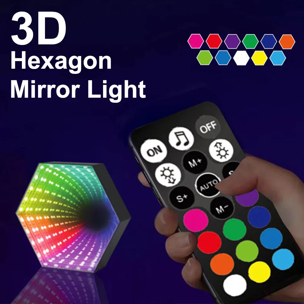 Rgb 3d hexagonal mirror tunnel light with rainbow led illumination and black remote for desktop ambient lamp use