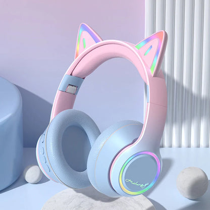 Pastel pink and light blue cat ear bluetooth gradient wireless headphones with rainbow led for music game earphones