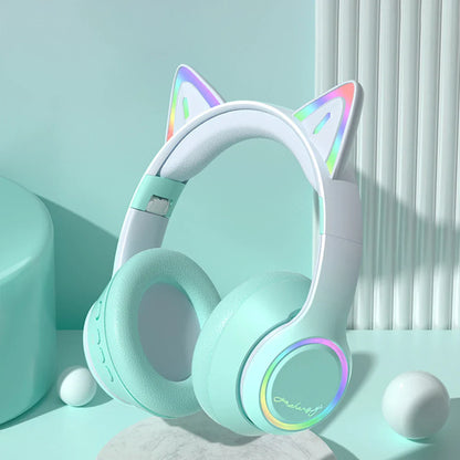 Pastel mint cat ear bluetooth headphones with rainbow led-lit gradient wireless design for music game earphones use