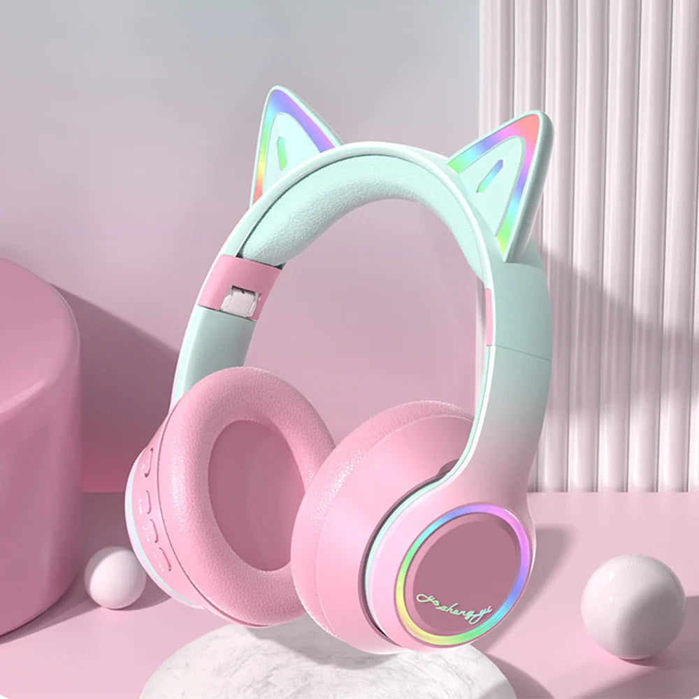 Pastel pink and mint green cat ear bluetooth gradient wireless headphones with rainbow led lights for music game earphones