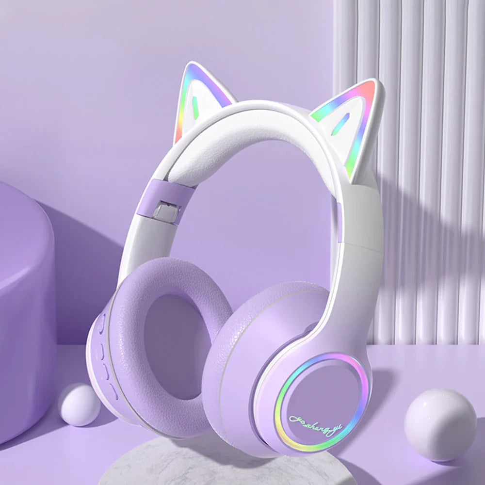 Lavender cat ear bluetooth gradient wireless headphones with rainbow led lighting and microphone for music game use