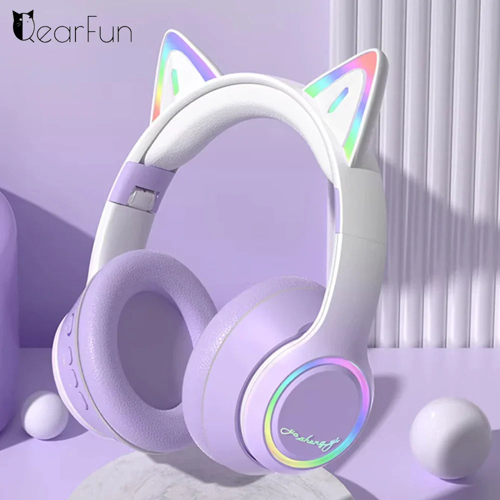 Lavender cat ear bluetooth gradient wireless headphones with rainbow led lighting for music game earphones