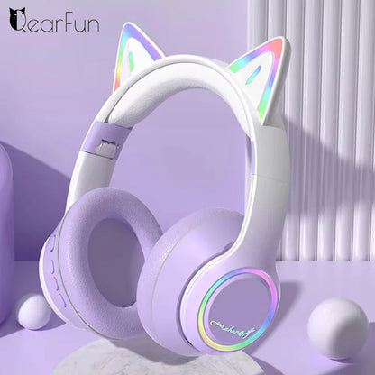 Lavender cat ear bluetooth gradient wireless headphones with rainbow led lighting for music game earphones