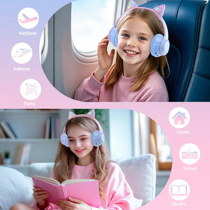 Pastel blue cat ear bluetooth headphones with soft padded earcups and adjustable headband for music game use