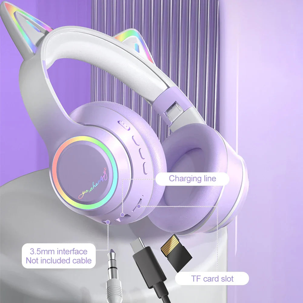 Pastel lavender gradient wireless cat ear bluetooth headphones with rainbow led lighting and tf card slot for music game earphones