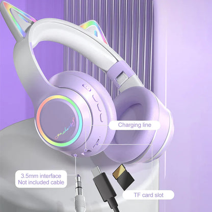 Pastel lavender gradient wireless cat ear bluetooth headphones with rainbow led lighting and tf card slot for music game earphones