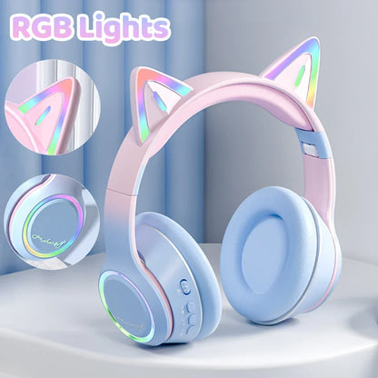 Pastel pink and light blue cat ear bluetooth gradient wireless headphones with rainbow rgb lighting for music game earphones