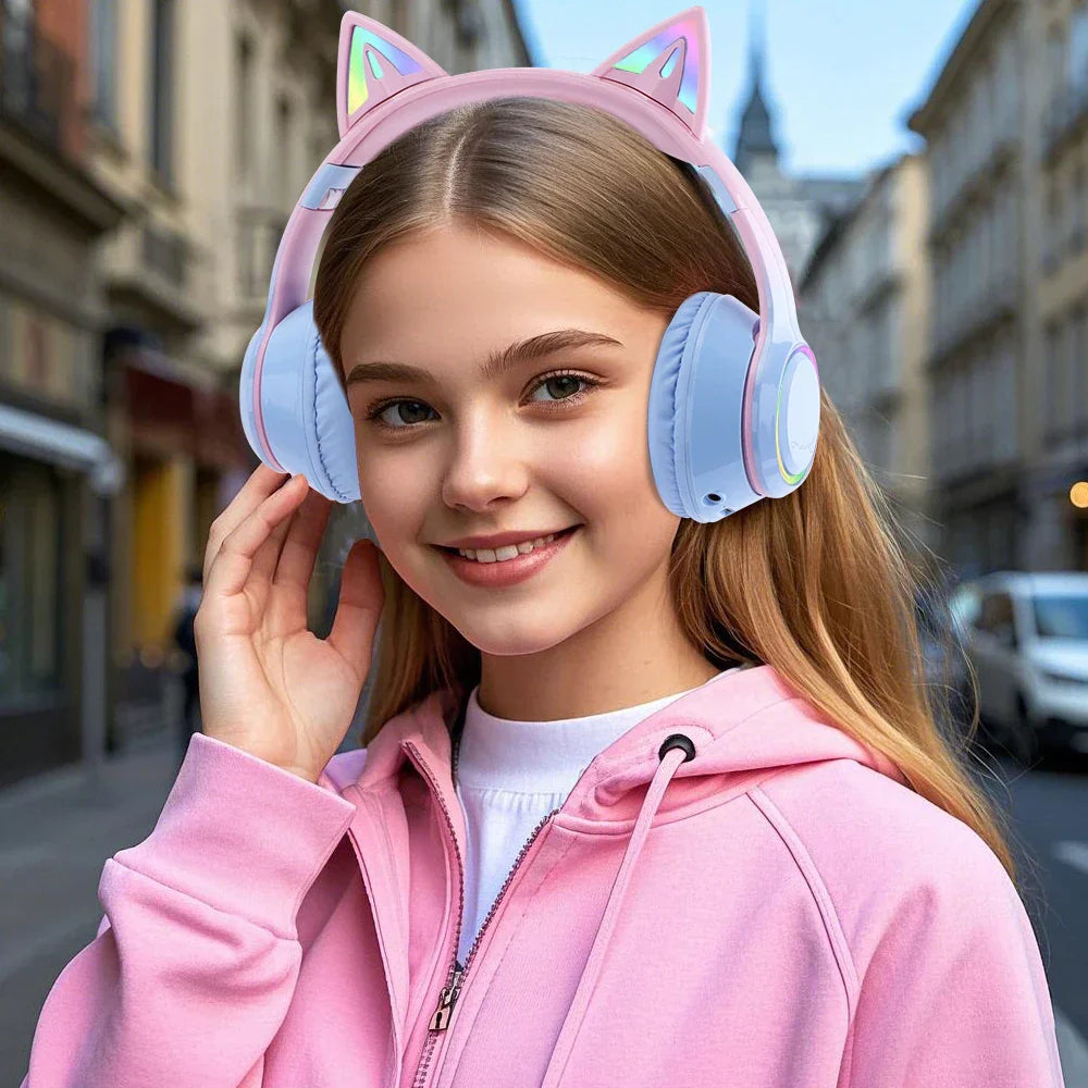 Pink and light blue cat ear bluetooth headphones with iridescent accents gradient wireless headphones for music games