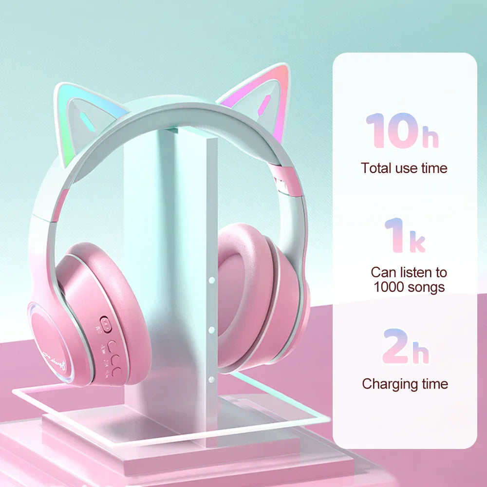 Pink and white cat ear bluetooth headphones with glowing led accents gradient wireless headphones for music games