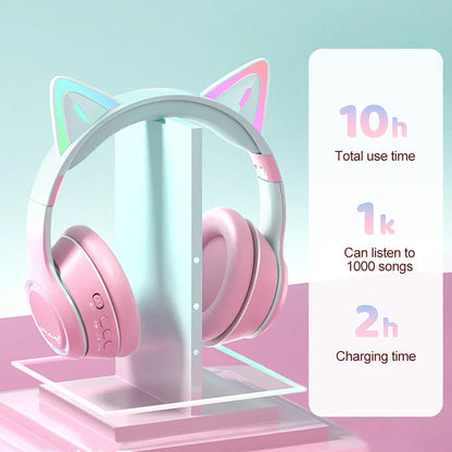 Pink and white cat ear bluetooth headphones with glowing led accents gradient wireless headphones for music games