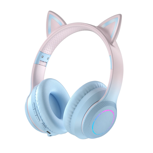 Pastel pink and light blue rgb cool lights wireless bluetooth headphones with glowing cat ears and true sports earphones design