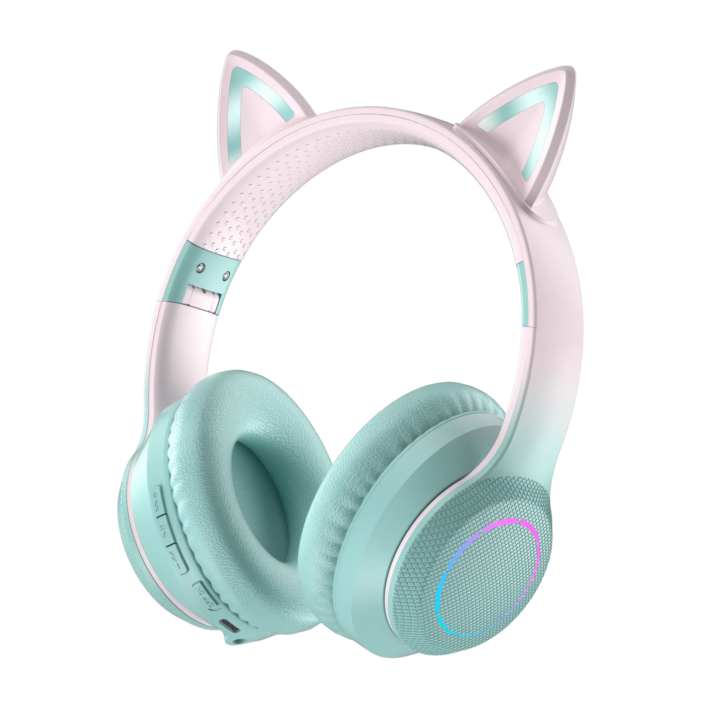 Pastel mint and white rgb cool lights wireless bluetooth headphones with cat ears and glowing led accents for true sports use