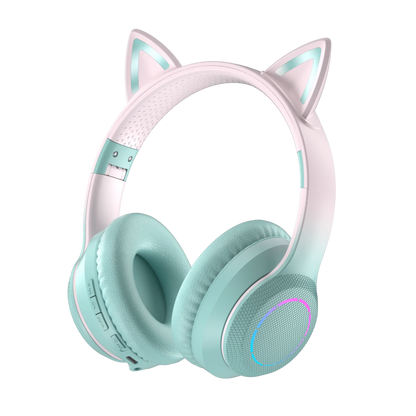 Pastel mint and white rgb cool lights wireless bluetooth headphones with cat ears and glowing led accents for true sports use