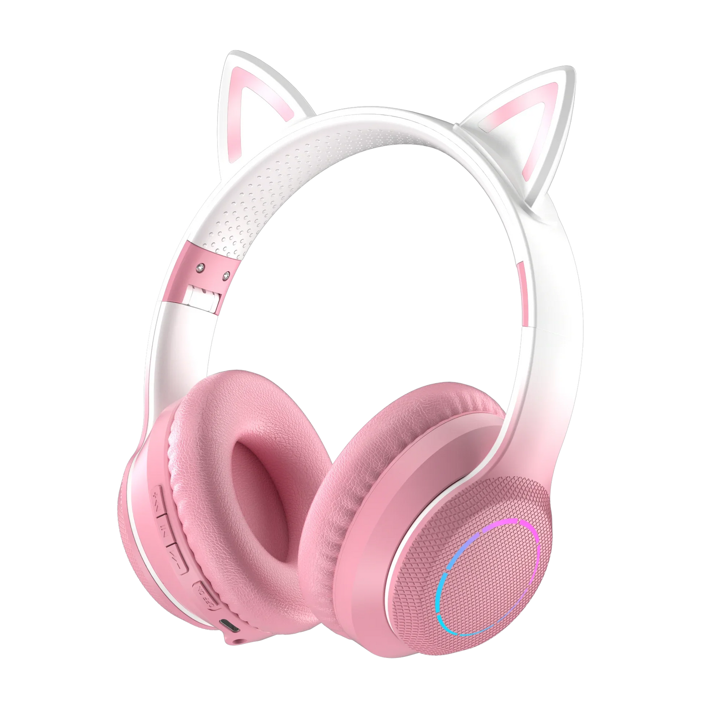 Pink and white cat ear wireless bluetooth headphones with soft padded earcups and rgb cool lights for true sports use