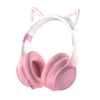 Pink and white cat ear wireless bluetooth headphones with soft padded earcups and rgb cool lights for true sports use
