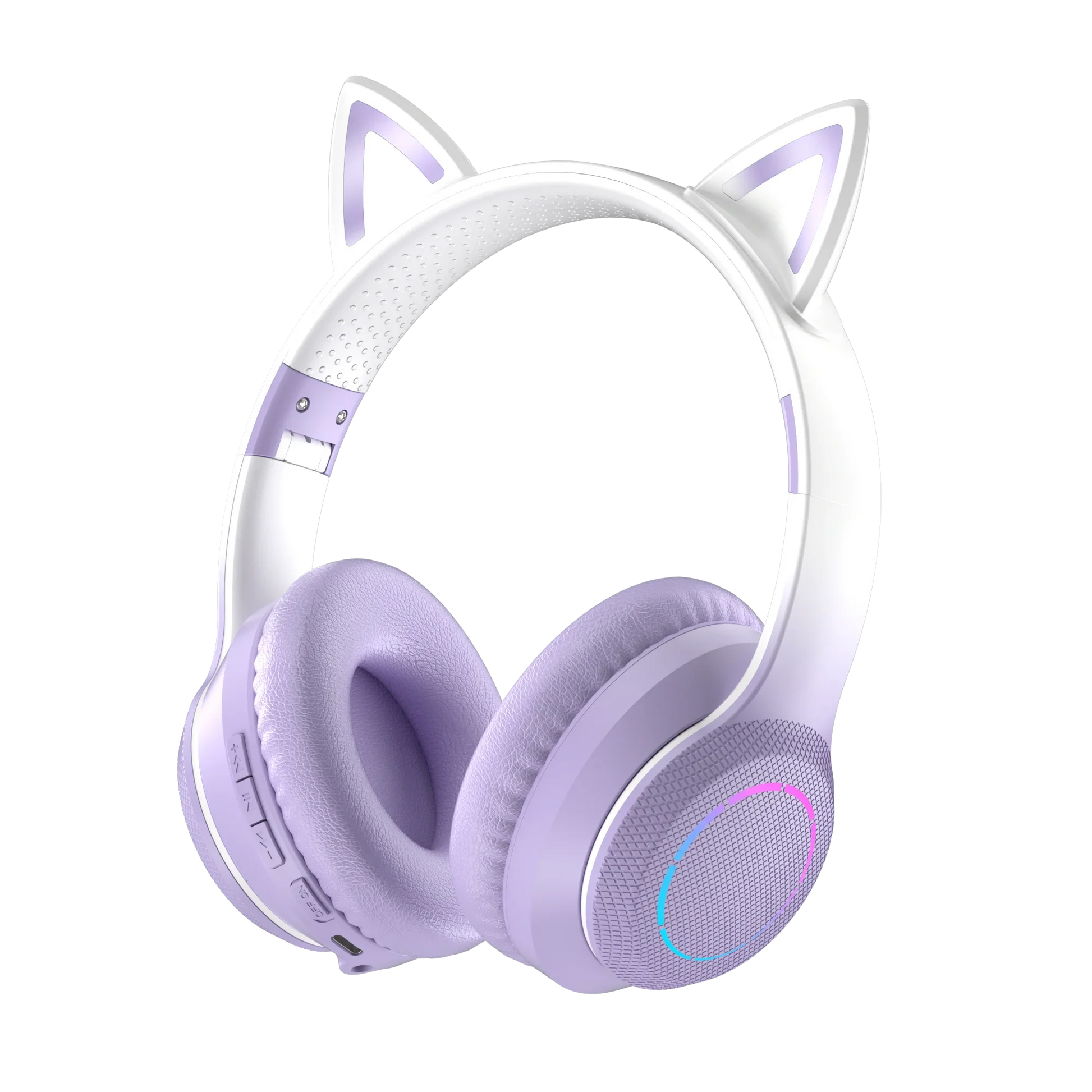 White and lavender cat-ear rgb cool lights wireless bluetooth headphones with glowing led accents and mic for true sports use