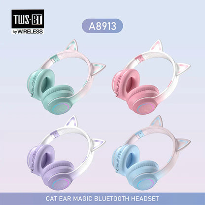 Pastel-colored rgb cool lights cat ear wireless bluetooth headphones with glowing tips and soft padded headbands for true sports use