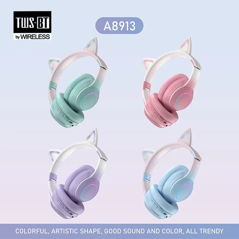 Pastel-colored cat ear wireless bluetooth headphones with rgb cool lights soft mesh headbands true sports earphones