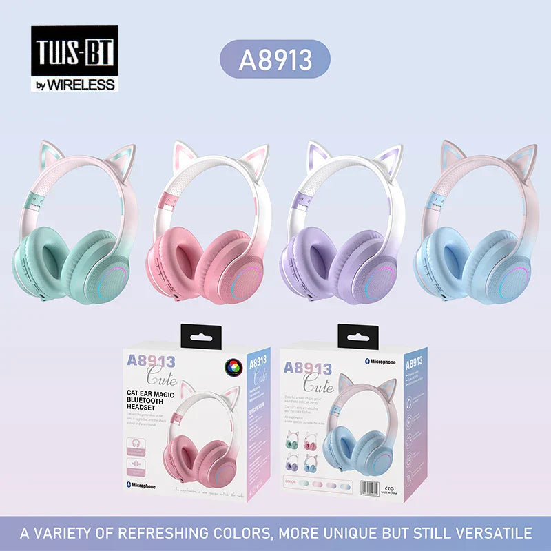 Rgb cool lights wireless bluetooth headphones with pastel cat-ear design and soft fabric earcups for true sports use