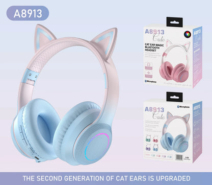 Pastel pink and light blue cat ear wireless bluetooth headphones with rgb cool lights and true sports earphones design