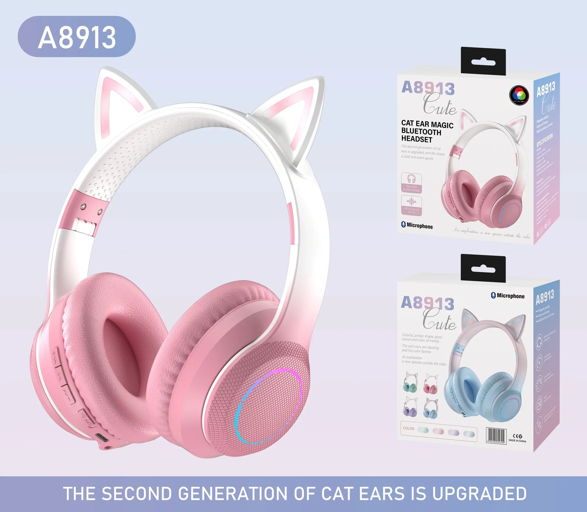 Pink and white cat ear wireless bluetooth headphones with rgb cool lights and true sports earphones design