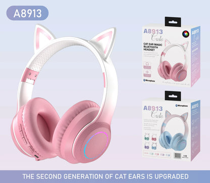 Pink and white cat ear wireless bluetooth headphones with rgb cool lights and true sports earphones design