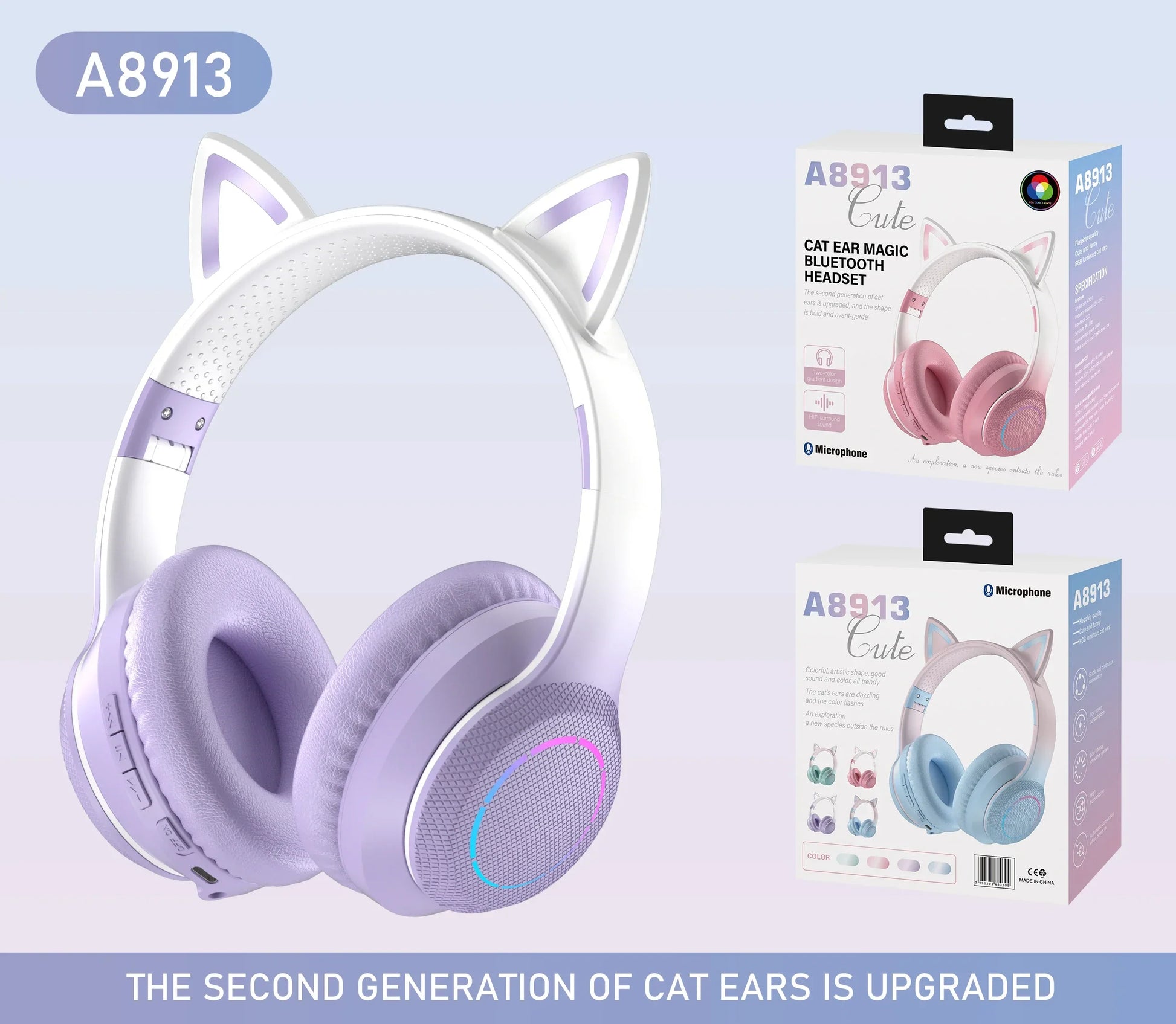 White and lavender cat-ear wireless bluetooth headphones with rgb cool lights and true sports earphones design