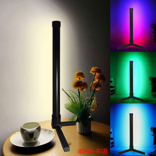 Black cylindrical led desk lamp with rgb million color changing lighting and adjustable tripod base standing mood light