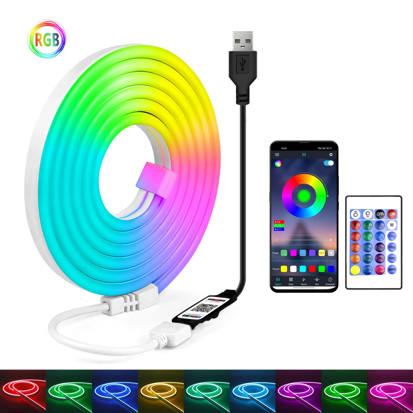 A coiled rgb flexible led strip light with white plastic casing and vibrant rainbow usb neon rope connected for remote control