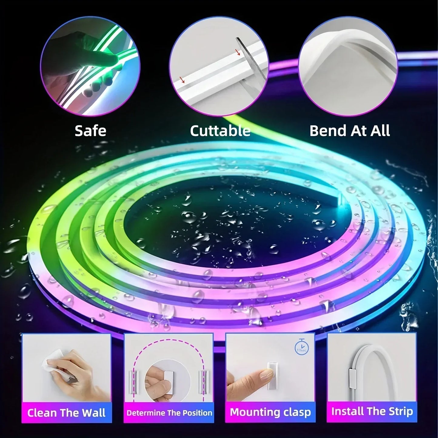 Rgb flexible led strip lights with usb neon rope design featuring vibrant rainbow colors and rope lights remote control