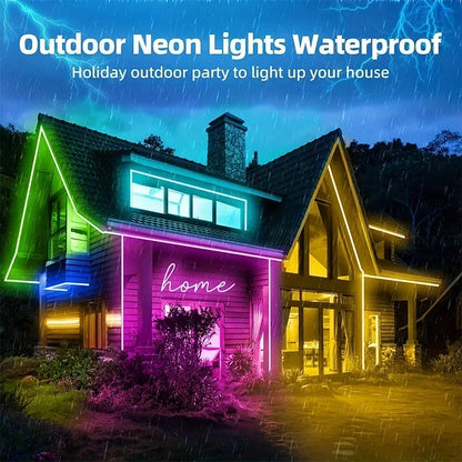 Rgb flexible led usb neon rope lights in green blue pink and yellow illuminate a house exterior with rope lights remote control