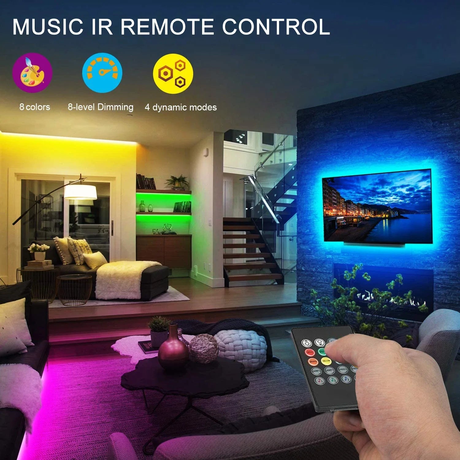 Black rectangular music ir remote control with colorful buttons for rgb led strip lights room decoration