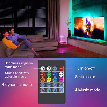 Black remote control with colorful buttons for adjusting rgb led strip lights settings on tv backlight decoration
