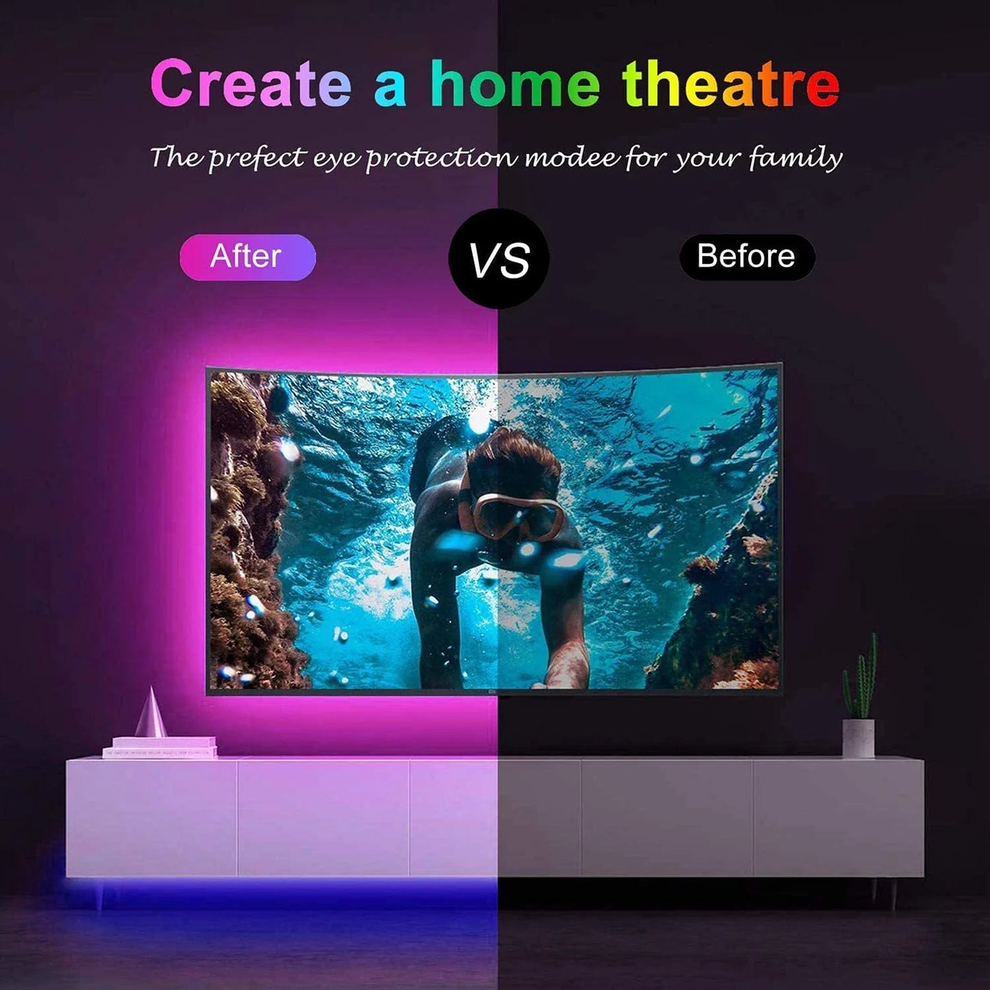 A sleek curved television with vibrant underwater scene illuminated by rgb led strip lights for tv backlight decoration
