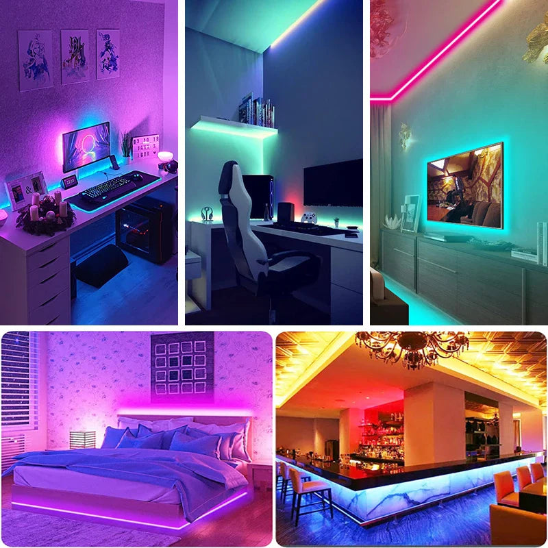 Rgb led strip lights in vibrant purple blue green and pink hues illuminate bedrooms gaming setups and bar areas with music sync
