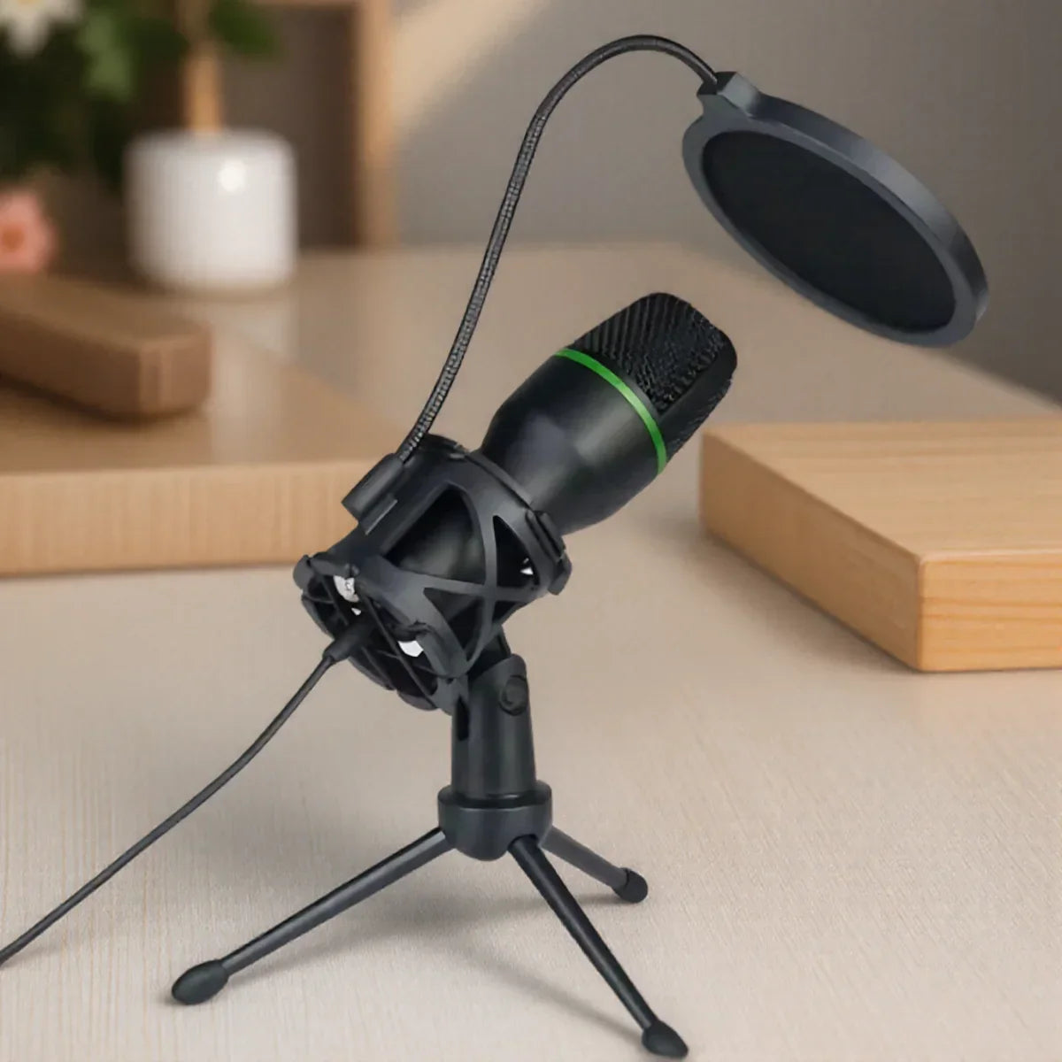 Black condenser rgb lighting microphone with green accent and pop filter on tripod stand professional for streaming youtube podcasts
