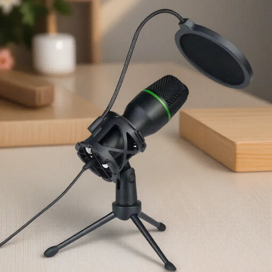 Black condenser rgb lighting microphone with green accent and pop filter on tripod stand professional for streaming youtube podcasts