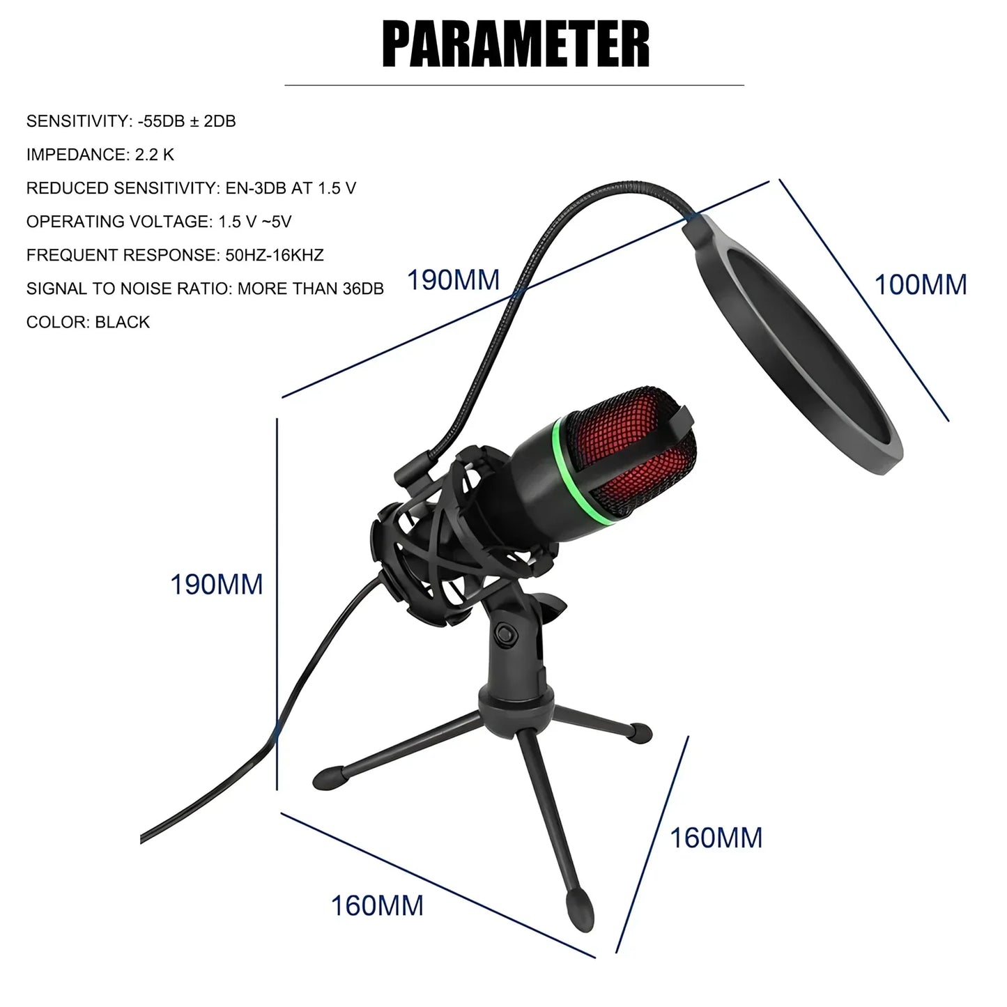 Black condenser rgb lighting microphone with red mesh grille green accent ring on tripod stand professional for streaming youtube podcasts