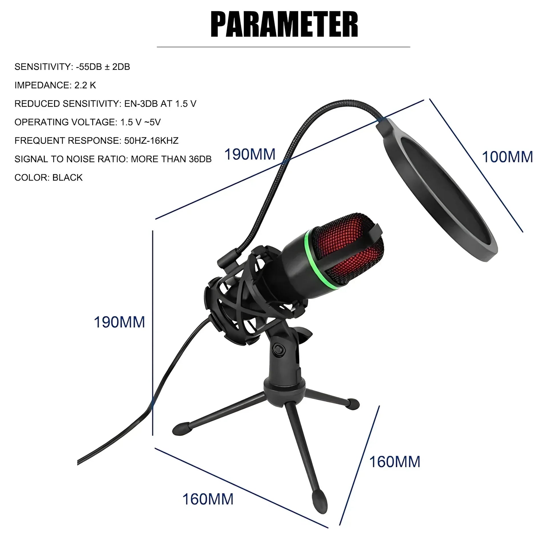 Black condenser rgb lighting microphone with red mesh grille green accent ring on tripod stand professional for streaming youtube podcasts