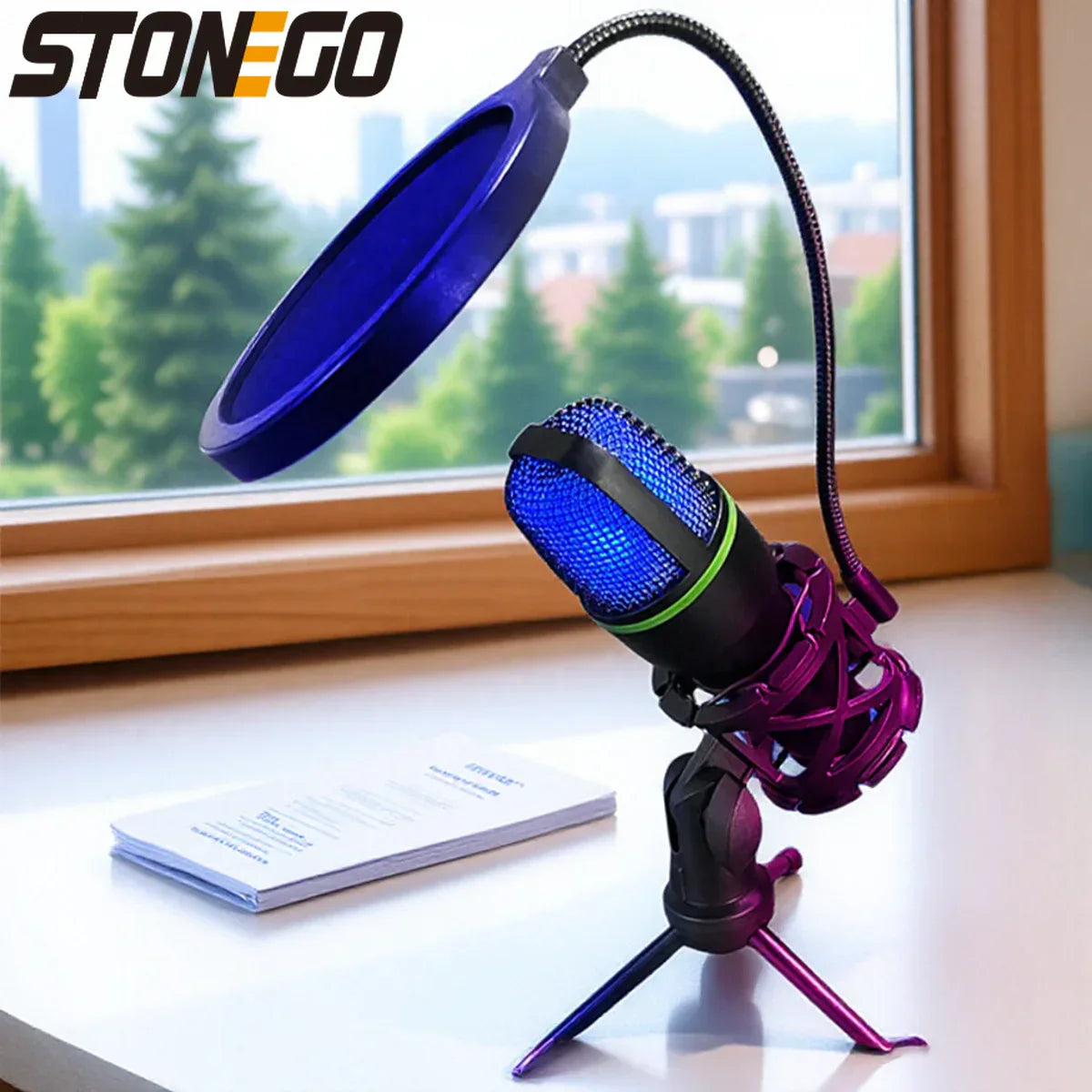 Purple and black rgb lighting microphone with blue mesh grille mounted on a tripod stand professional for streaming youtube podcasts
