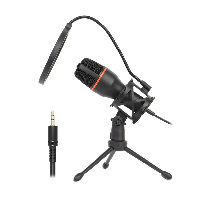 Black condenser microphone with orange accent and pop filter on tripod stand for rgb professional microphone podcast recording studio and streaming laptop use