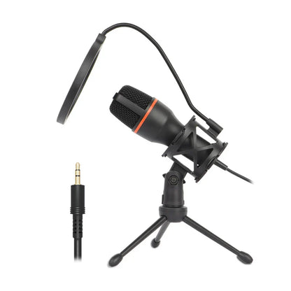 Black condenser microphone with orange accent and pop filter on tripod stand for rgb professional microphone podcast recording studio and streaming laptop use