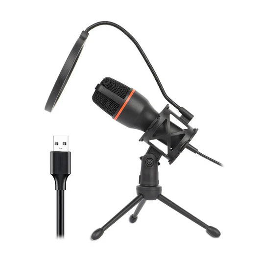 Black usb microphone with orange accent ring on tripod stand with pop filter and cable for podcast recording studio and streaming