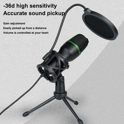 Black condenser rgb professional microphone with green accent mounted on tripod for podcast recording studio streaming laptop