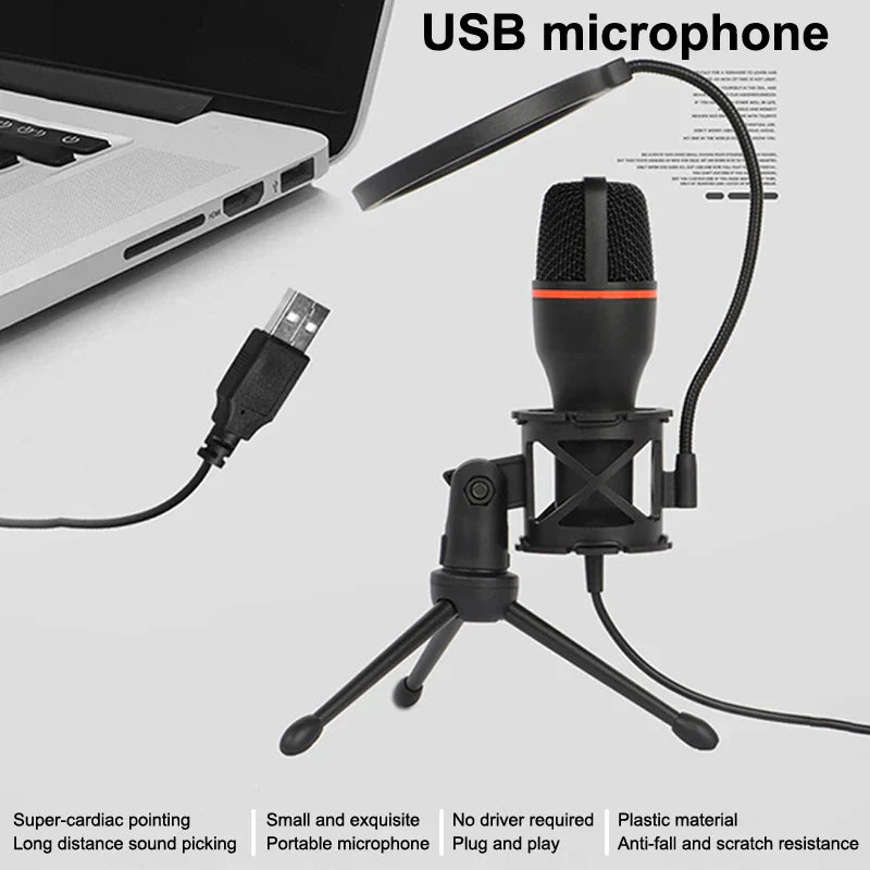 Black usb rgb professional microphone with orange accent mesh grille on tripod stand for podcast recording studio streaming laptop