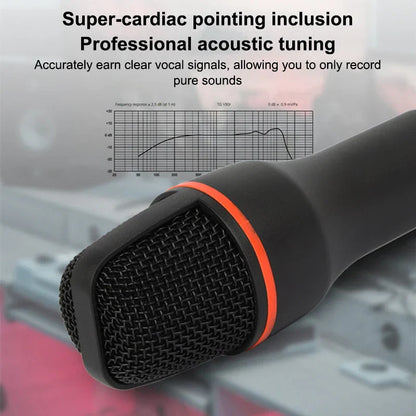 Black handheld rgb professional microphone with textured grille and orange accent ring for podcast recording studio streaming laptop use