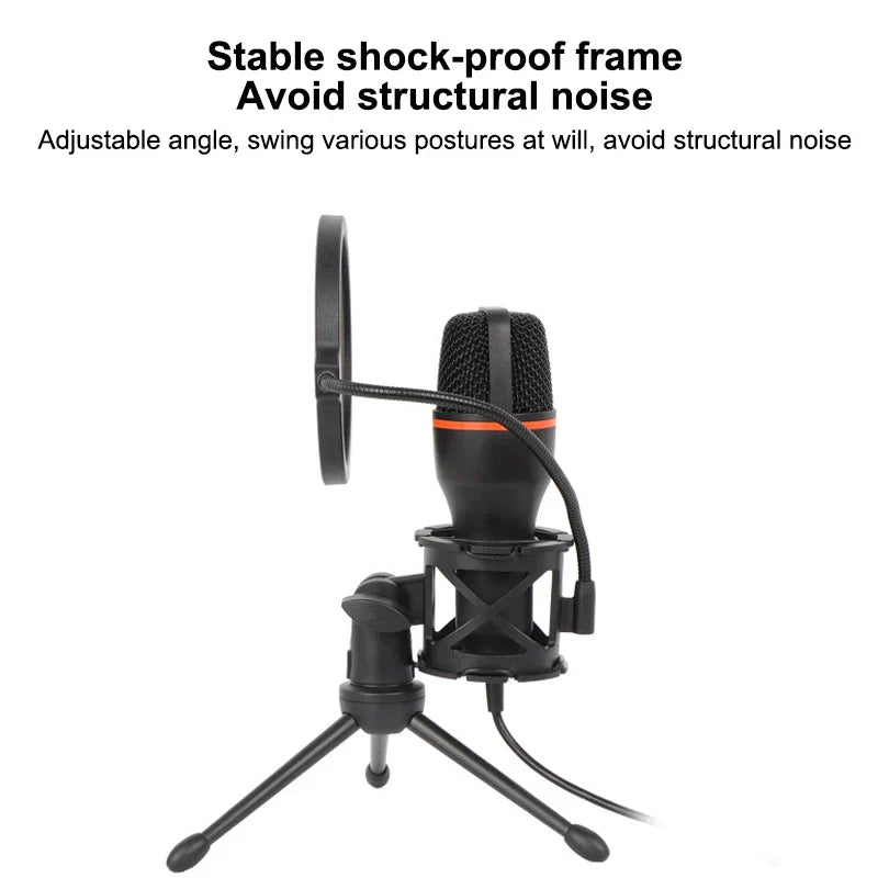 Black condenser rgb professional microphone with orange accent ring on shock-proof tripod for podcast recording studio streaming laptop use